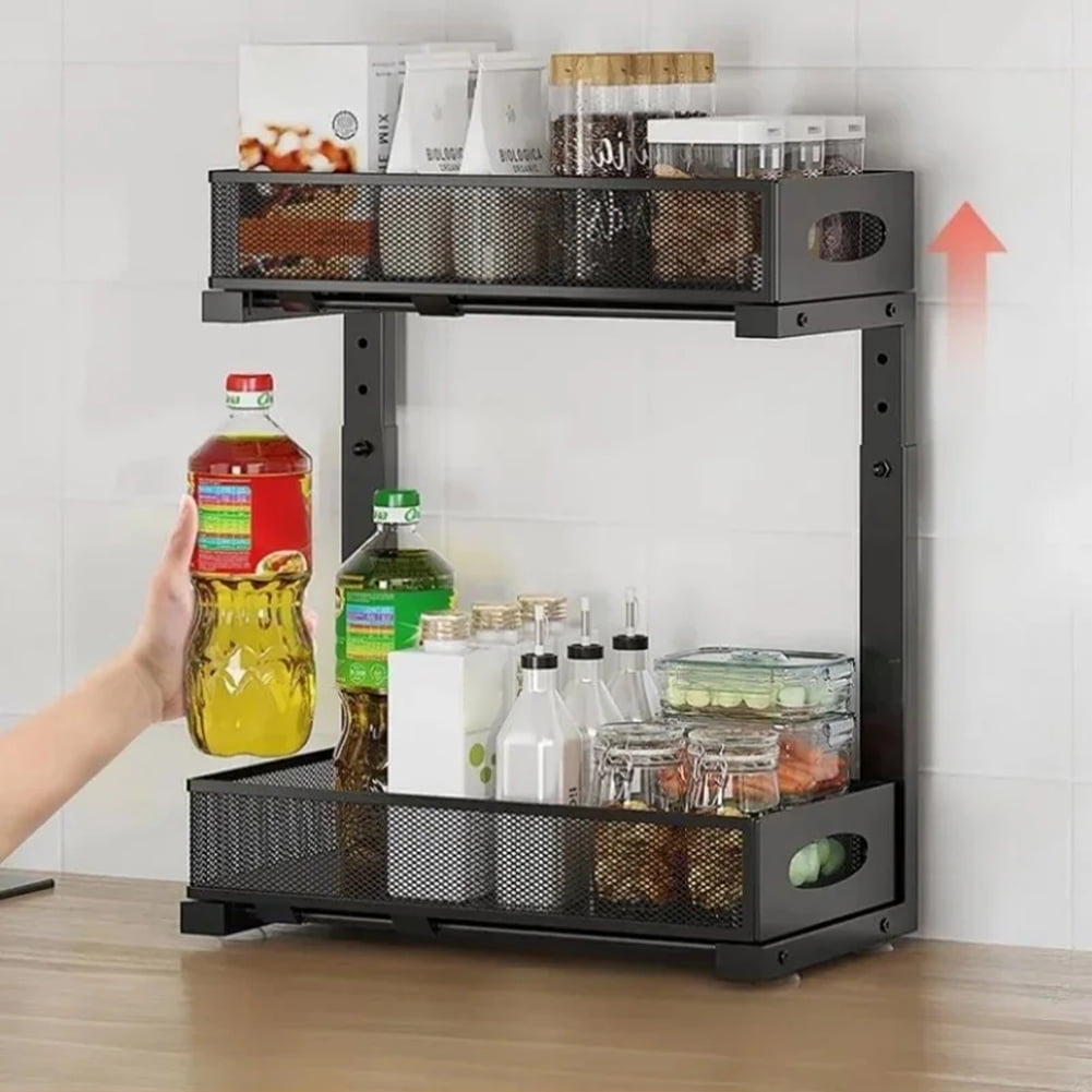 Under Sink Organizer, Height Adjustable Under Kitchen Sink Organizers And Storage Basket, Slide Out 2 Tier Metal Shelf, Pantry Cabinet Organizer For Bathroom Kitchen