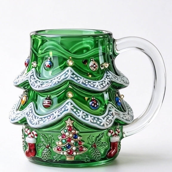 OANLKGI Christmas Tree Glass Mug Holiday Shaped Coffee Mug 4.8 IN High with Handle for Hot Cocoa Tea Water Home Office Kitchen Table Decor, Green