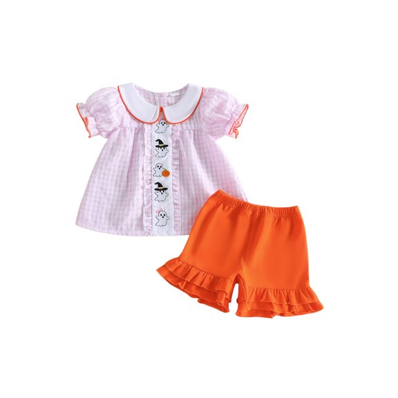 BemeyourBBs Toddler Baby Girl Halloween Outfit Baby Girls Summer Fall Clothes 12 18 24 Months 2 3 4 5 Years Cute Ghost Embroidery Puff Short Sleeve Doll Collar Plaid Shirt and Ruffled Shorts Set
