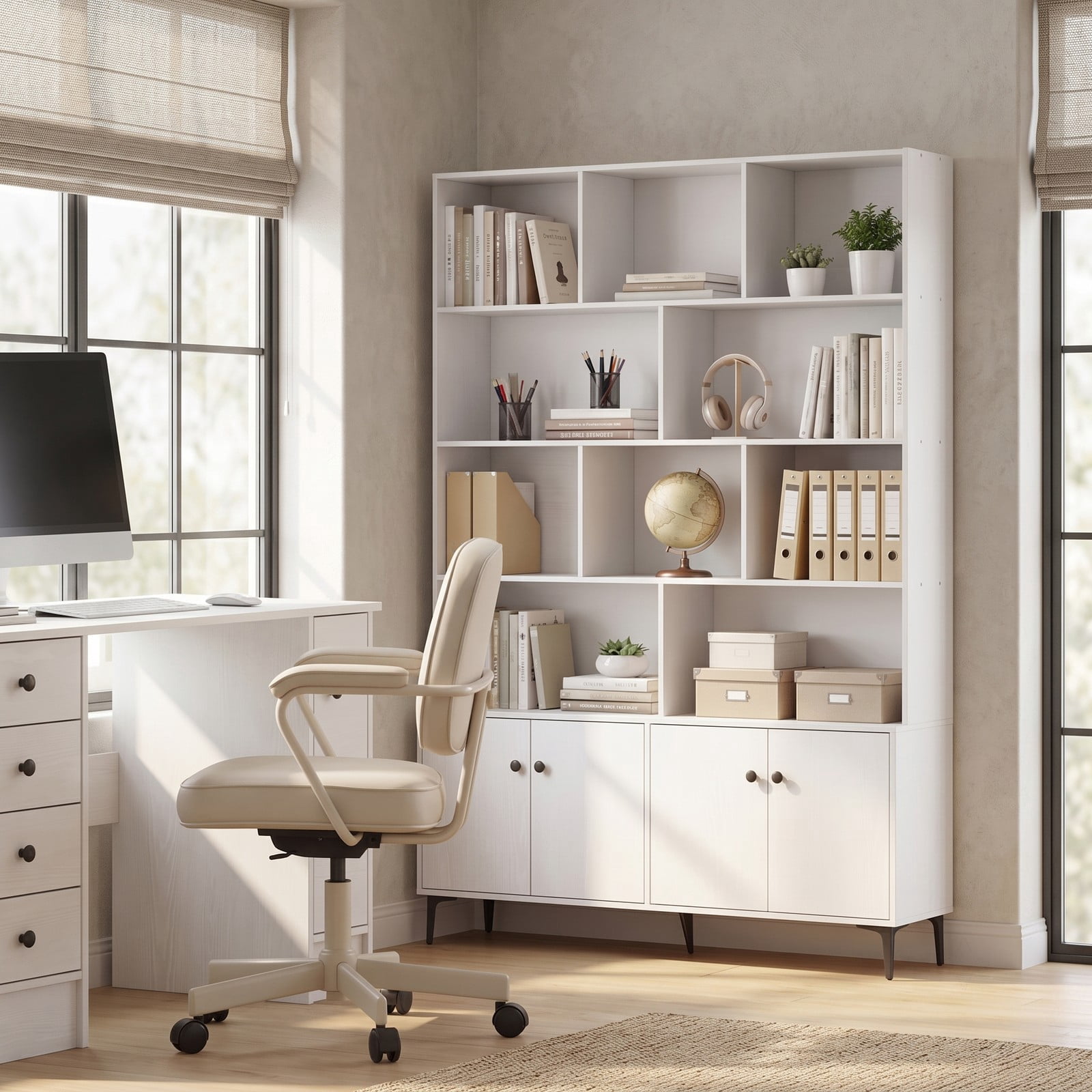 Furnibear 68.5" White Bookshelf with 4 Doors and Open Shelves, Tall Freestanding Bookcase Storage Cabinet with Anti-Tipping Kits and Metal Legs for Home Office, White