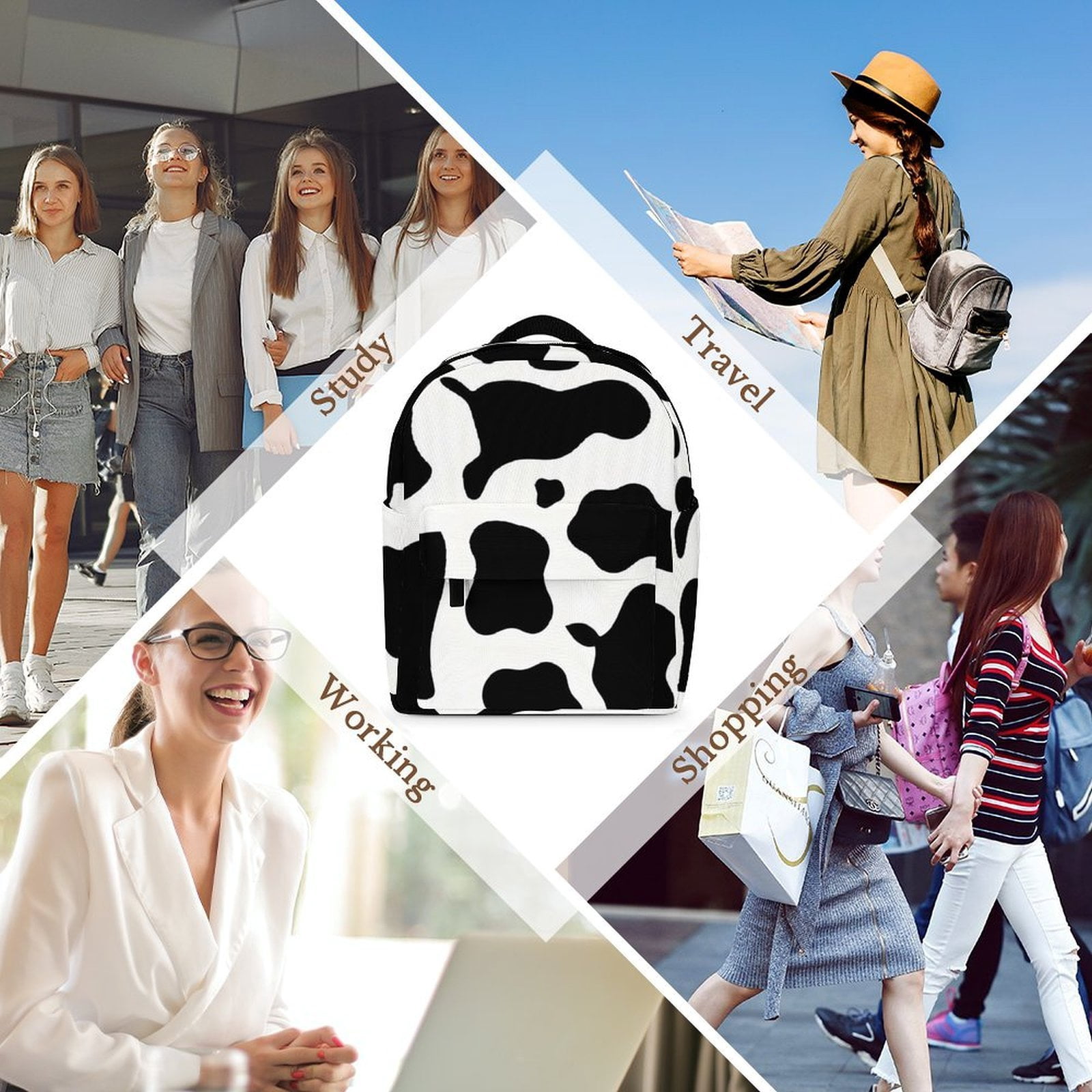 8.1×10in Casual Women'S Backpack With Anti-Contraction And Stretch For Sports Activities Travel Picnics Simple Cow Print Pattern, Vector Art Style_4