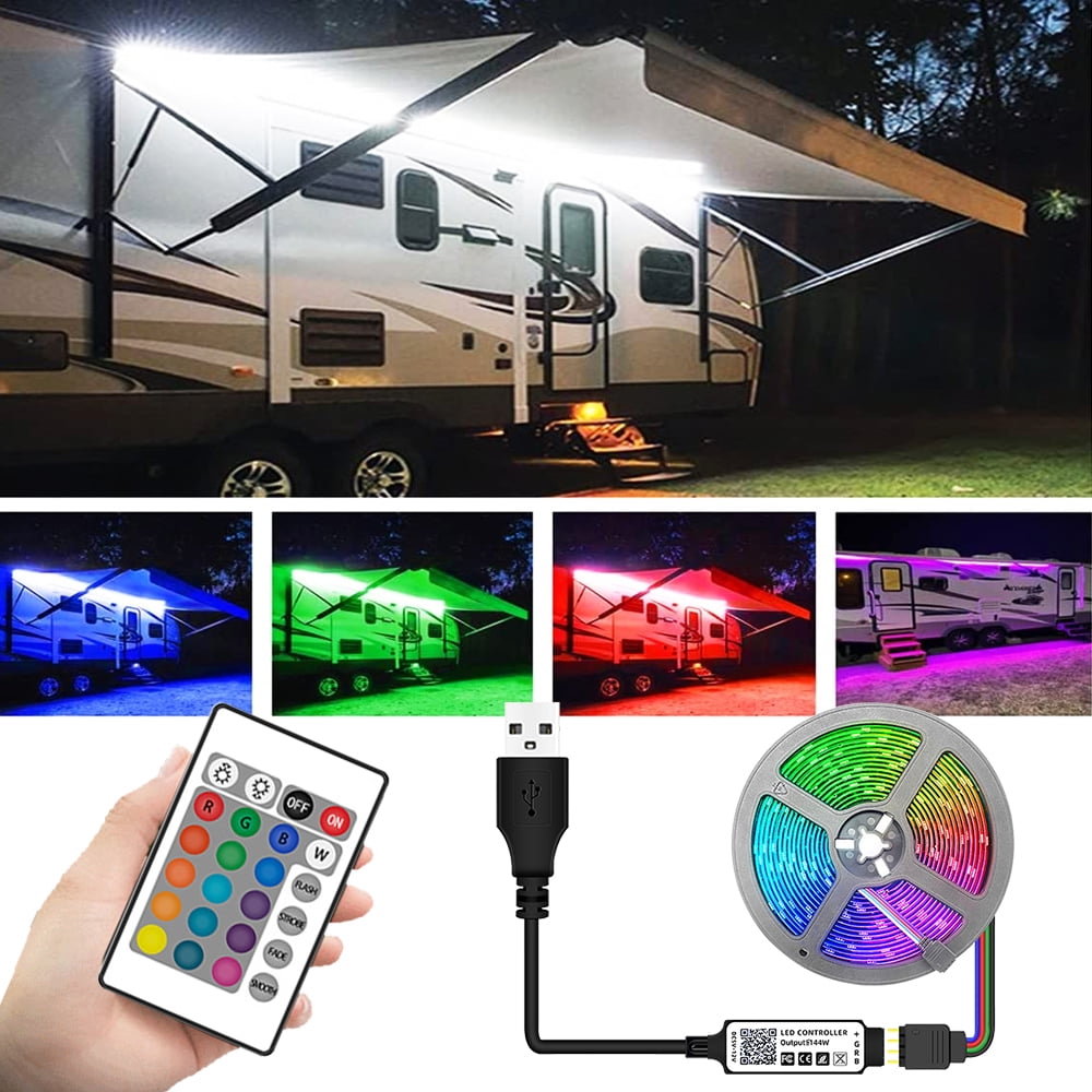 Dual Lights RV Awning Camper 12ft RGB+WW Color Changing LED Strip Light Kit 