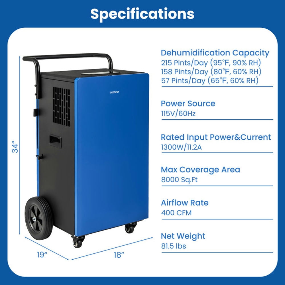 YYAo Dehumidifier Small Dehumidifiers,215 Pints 8000 Sq.Ft Commercial Dehumidifier For Home and Basement with 24H Timer-Blue