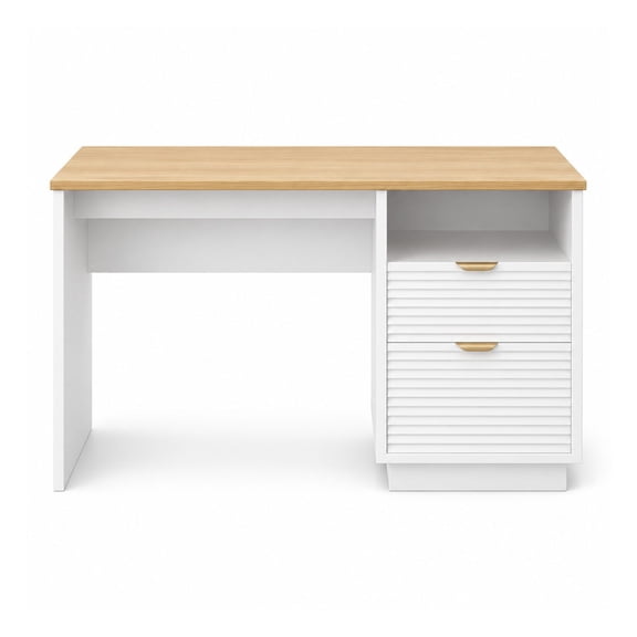 47 Inch Fluted Computer Desk with 2 Storage Drawers and Gold Handles, White Office Desk for Home Office Bedroom Workstation