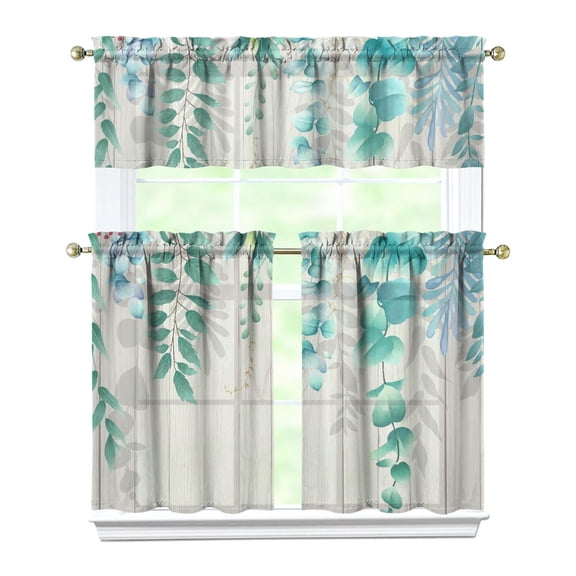 3-Piece Bright Flowers Kitchen Curtain Set - Ruffled Valance and Tier Curtains with Rod Pocket, Fresh Floral Pattern for Farmhouse Kitchen Windows Decor, 54"x18"   27.5"x36"x2