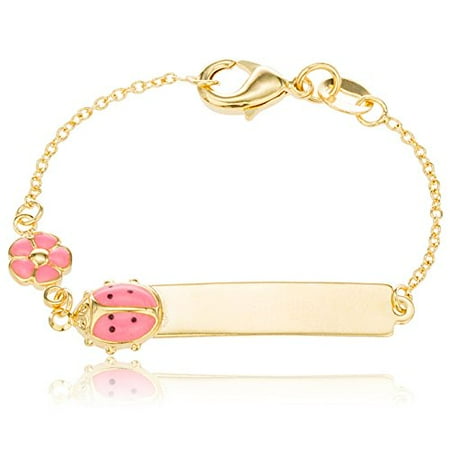 Clay Charms Bracelet Kit Two Year Warranty Gold Overlay 6 Inch ID Bar Baby Bracelet with a Pink Ladybug & Flower Charm ()
