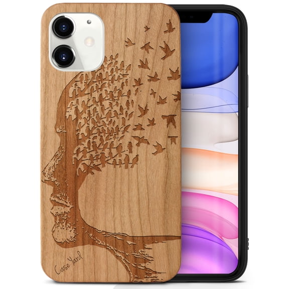 Case Yard Wooden Case Outside Soft TPU Silicone, Slim Fit Shockproof Wood Phone Cover for Girls Boys Men and Women, Supports Wireless Charging Head with Flying Birds Design case for iPhone-12-Mini