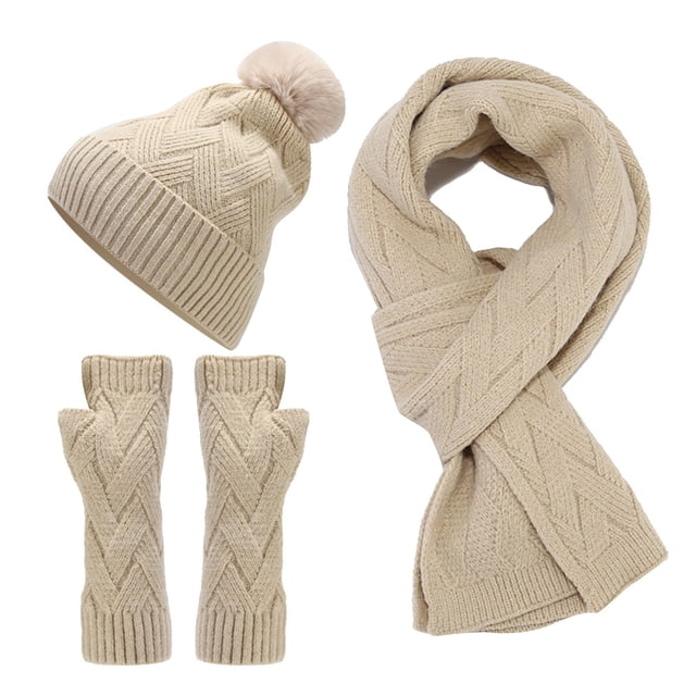 MIASHUI Unisex Autumn Winter Outdoor Cold Protection Warm Hat, Gloves, and Scarf Three-Piece Set, Solid Color Knit Scarf Set Beige