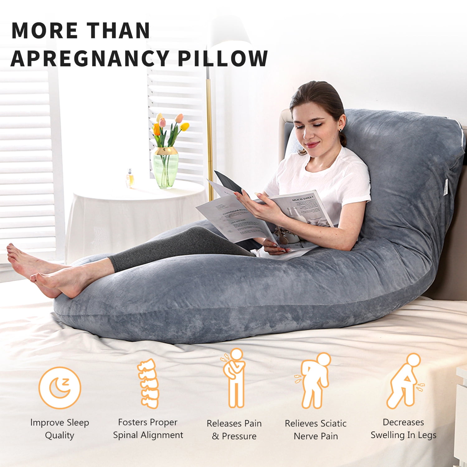Babyomi J Shaped Maternity Pillow - Full Body Support for Pregnancy, Back & Hip Pain Relief, 3-in-1 Nursing Pillow, Machine Washable Cover, Grey
