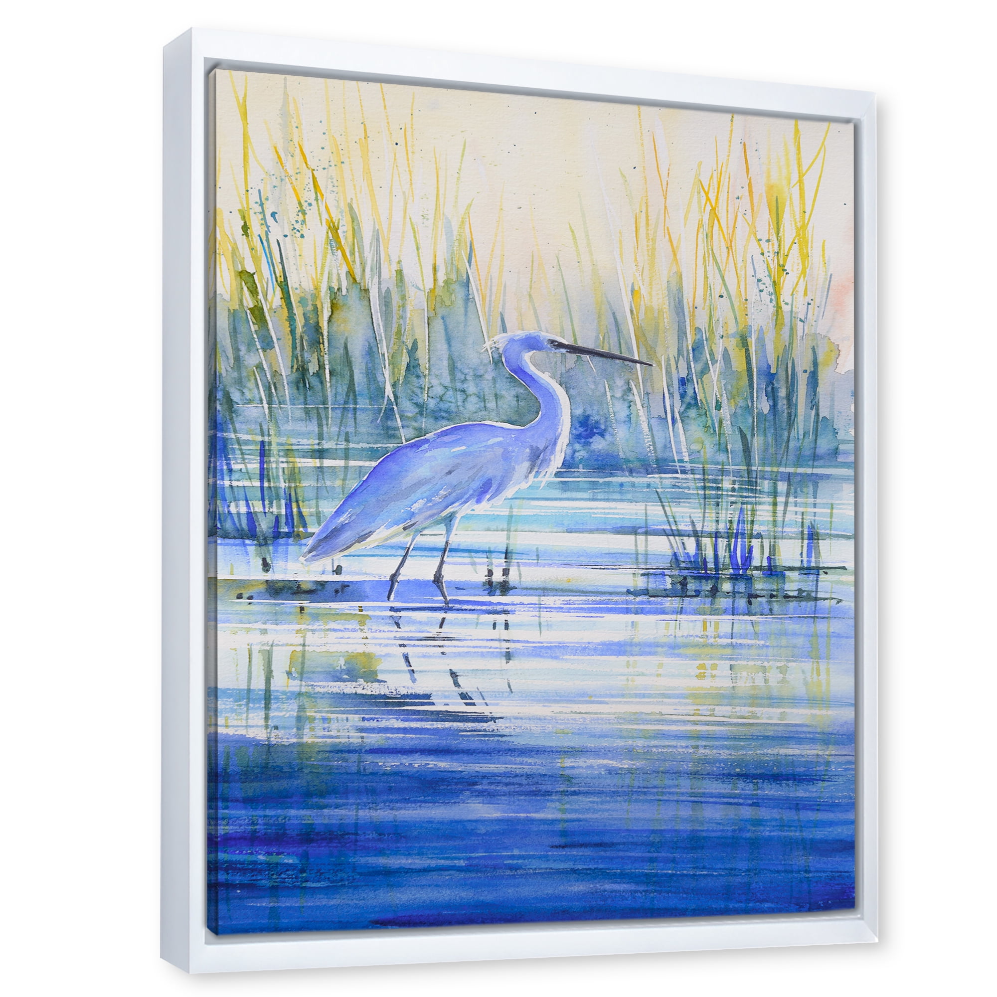 Designart 'Blue Heron On The Lake Shore' Traditional Framed Canvas Wall Art Print