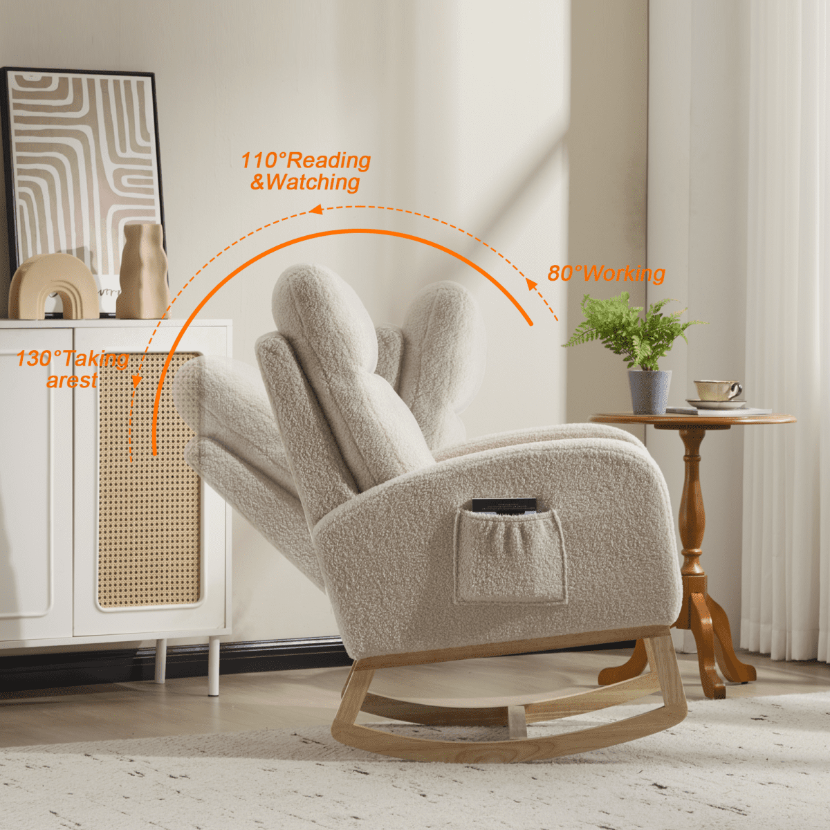 Beige Teddy Fabric Rocking Chair with Solid Wood Legs & Side Pocket, Upholstered Nursery Glider for Living Room