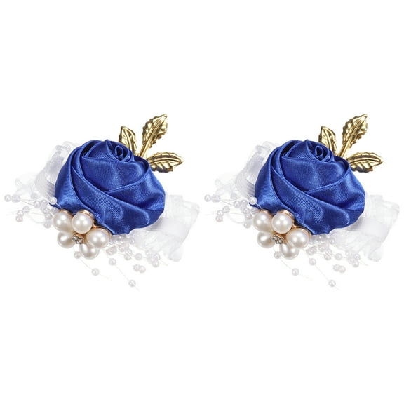 Uxcell Wrist Corsage Artificial Flower Bracelets Pack of 2 Rose Wrist Bride Groom Decorative 7x7cm Deep Blue