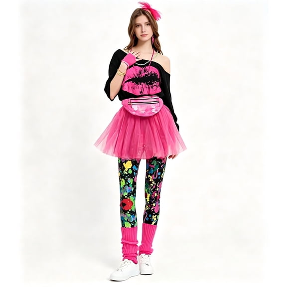 80s Outfit Costume for Women 25-Piece Set - Retro Neon Disco Party Dress with Leggings, Tutu Skirt, Fanny Pack, Fishnet Gloves & Accessories - 80s Theme Halloween Costume for Adults, 1980s Retro Look