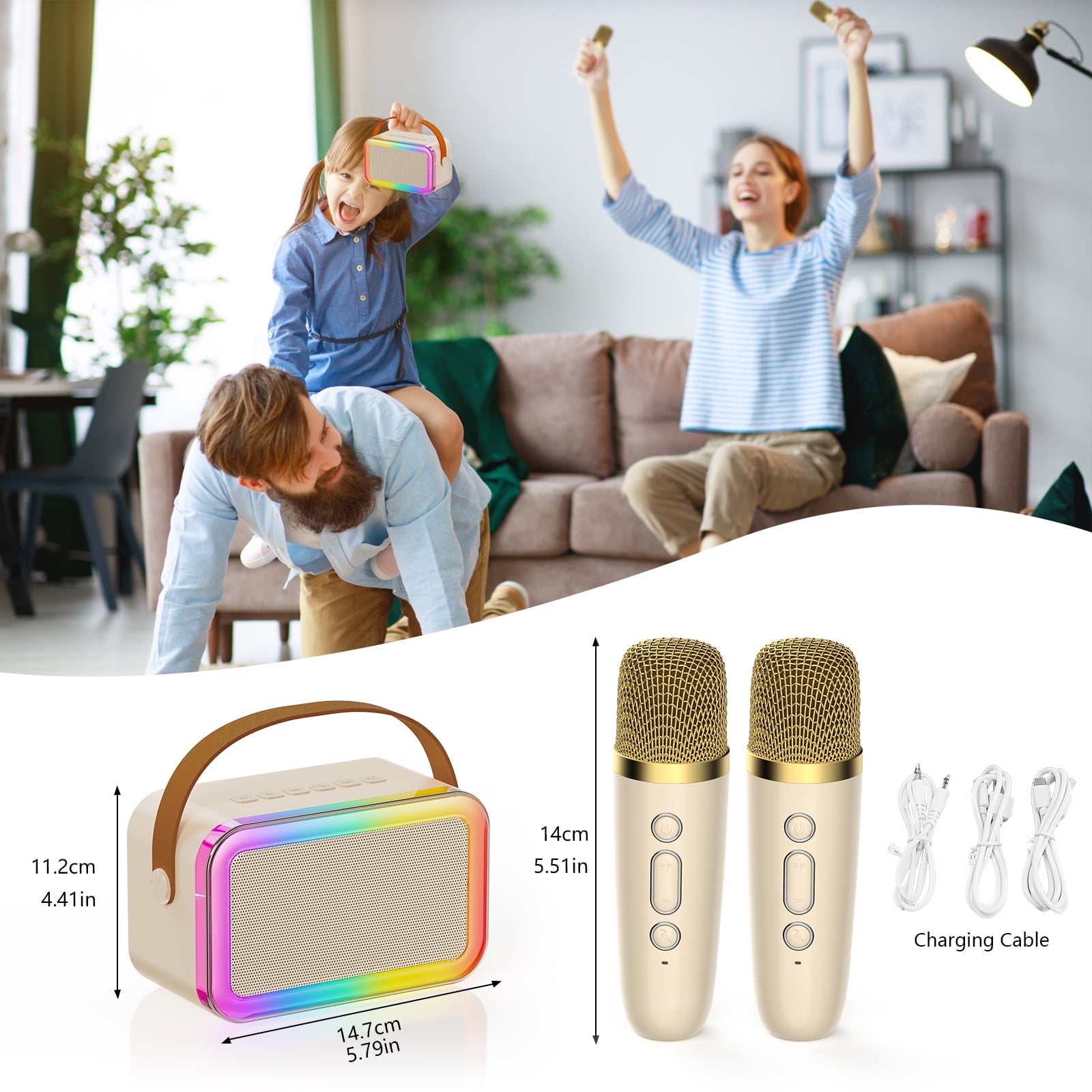 FanFun Karaoke Machine with 2 Microphones for Adults Kids, Portable Karaoke Speaker Bluetooth with Colorful LED Lights