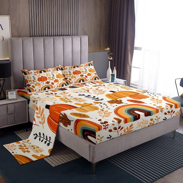 YST Ensemble de Draps d'Automne Citrouille Format Simple Feuilles d'Automne Ensemble de Draps Joyeuse Action de Grâce Draps pour Enfants Adultes Arc-en-Ciel Rétro Rustique Ensemble de Lit avec 2 Taies d'Oreiller, Blanc Orange