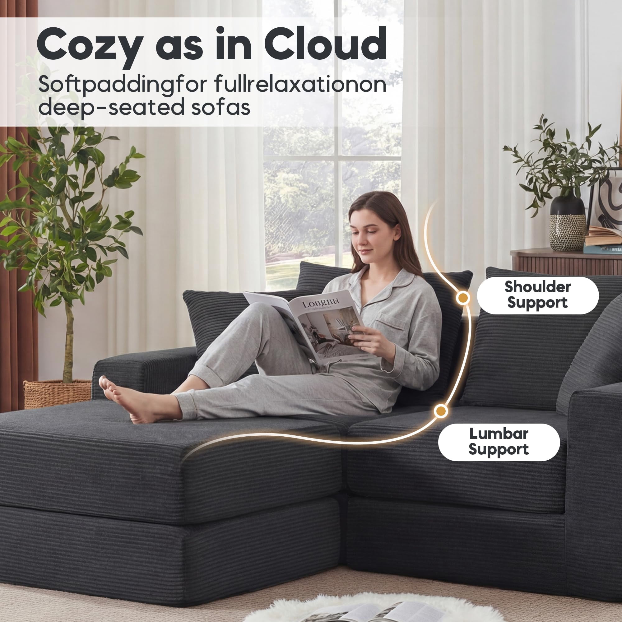 Tmsan 73.6" Modular Sectional Sofa,boneless loveseat couch with 4 Pillows,Classic L-Shape Design Convertable, for Living Room and Office,Grey