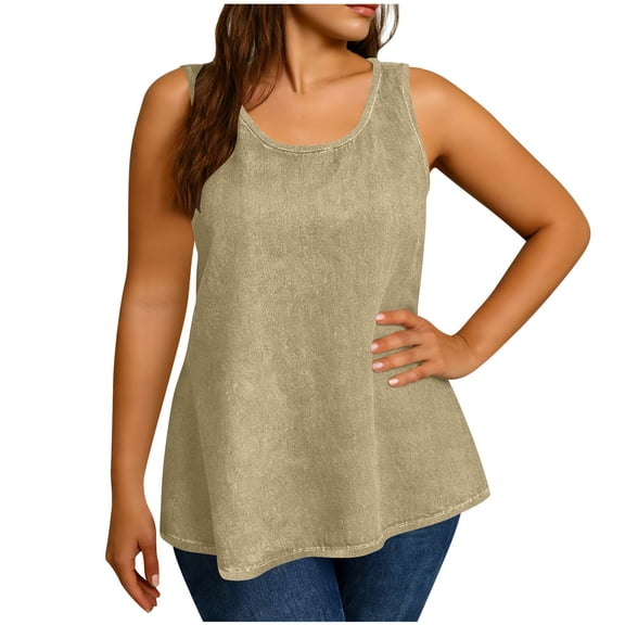 Sevevn Women's Plus Size Denim Tank Tops Sleeveless Round Neck Tunic Blouses Casual Loose Fit Flowy Hem Summer Shirts Khaki 4XL