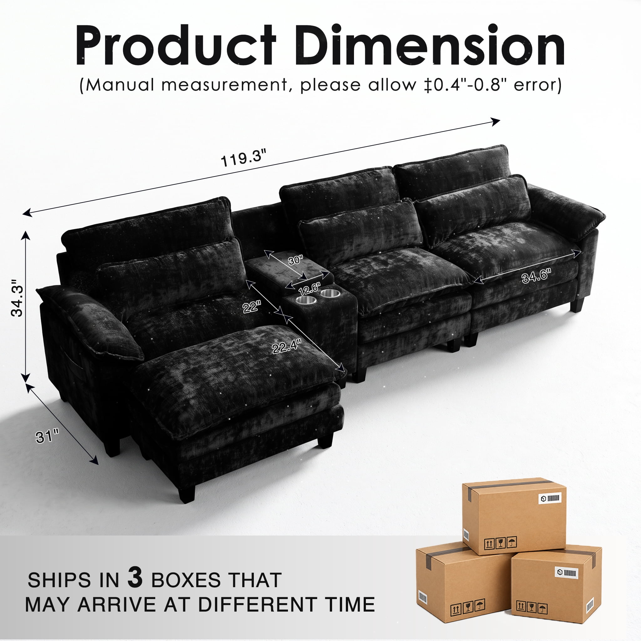 AISWORD 119" Cloud Modular Sectional Couch, L‑Shaped Deep Wide Seat Sofa with Ottoman, USB Charging Port, Throw Pillows, Modern Chenille Living Room Furniture, Black