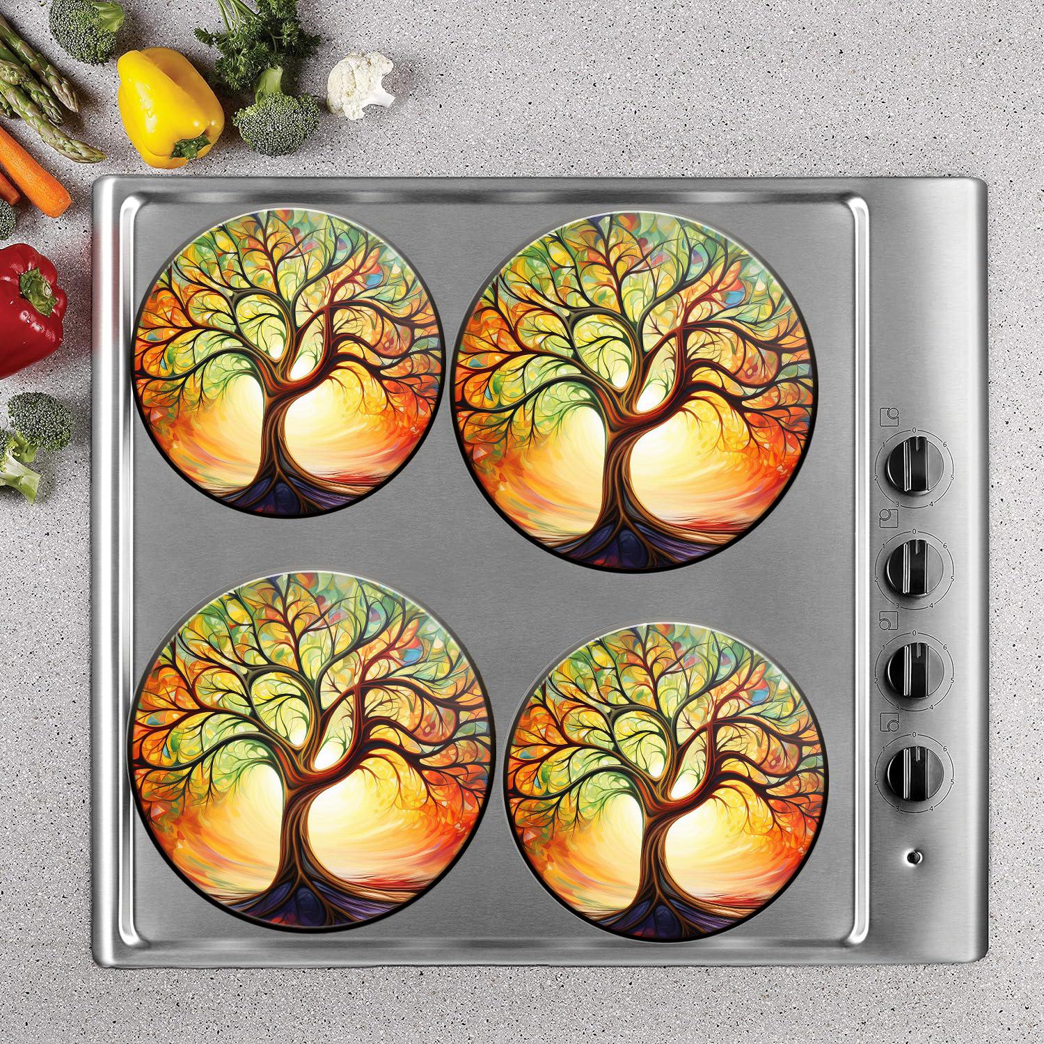 Bahomeck Gas Stove Burner Cover Set Of 4，Vibrant And Colorful Tree Of Life Metal Stove Burner Covers，Electric Stove Burner Covers,Protecting Gas Stoves,Kitchen Decor，8 Inches And 10 Inches