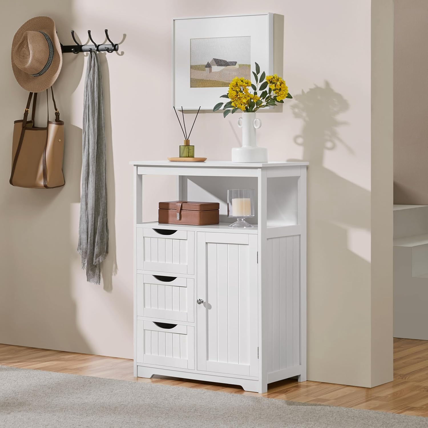 GMNIU Bathroom Storage Cabinet Bathroom Floor Cabinet Freestanding Storage and Organizer with Door, 3 Drawers, Adjustable Shelf, 35.5 Inches Height, White