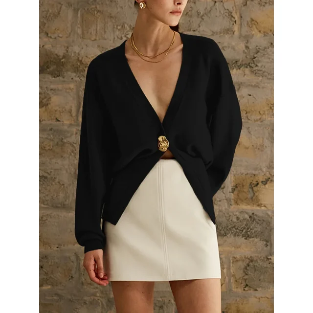 Suéter de punto con botones para mujer, Jersey elegante de manga larga con cuello en V, holgado y cálido, ropa de calle alta para otoño, 2024