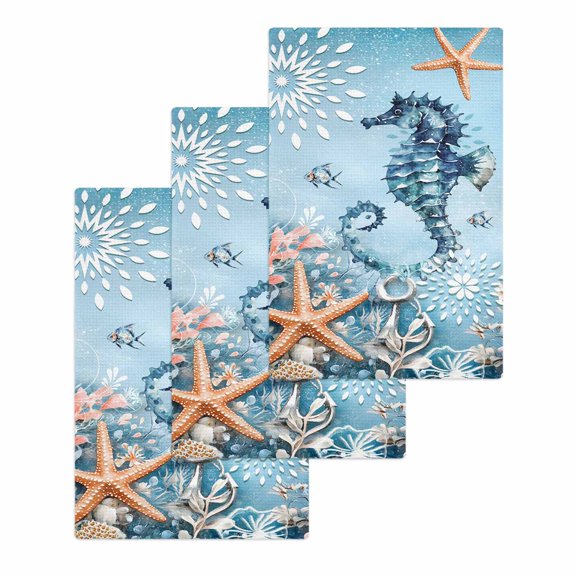 Blue Coastal Seahorse Kitchen Dish Towels for Drying Dishes Set of 3, Summer Beach Starfish Botanical Waffle Weave Microfiber Hand Tea Bathroom Towels Quick Dry & Absorbent Towel 15.7x23.6