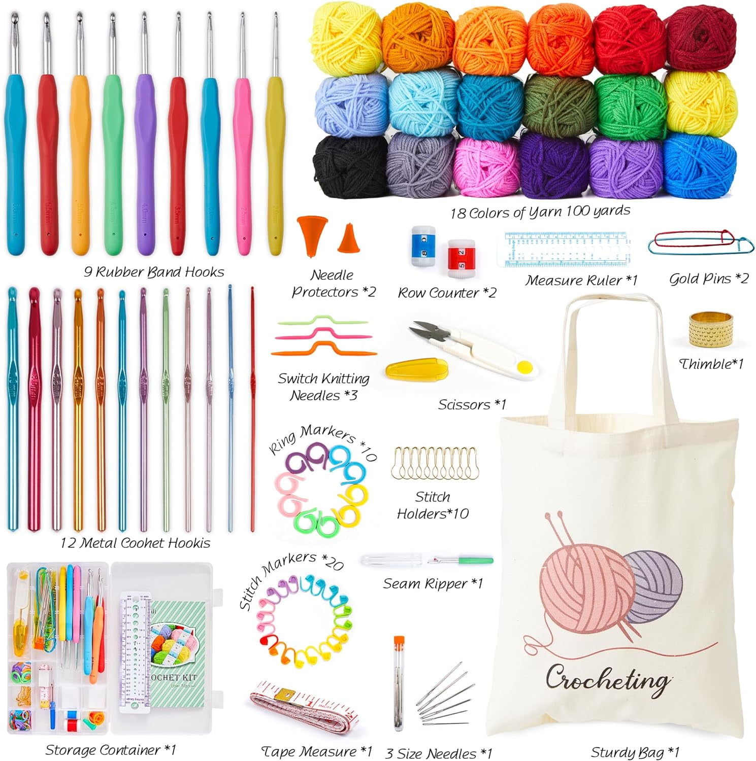 INSCRAFT Crochet Kit for Beginners Adults, 18 Large Acrylic Yarn Skeins 1800 Yards Yarn, 105 PCS Crochet Kit with Hooks Yarn Set,Includes Canvas Tote Bag, Ideal Starter Pack for Kids Professionals