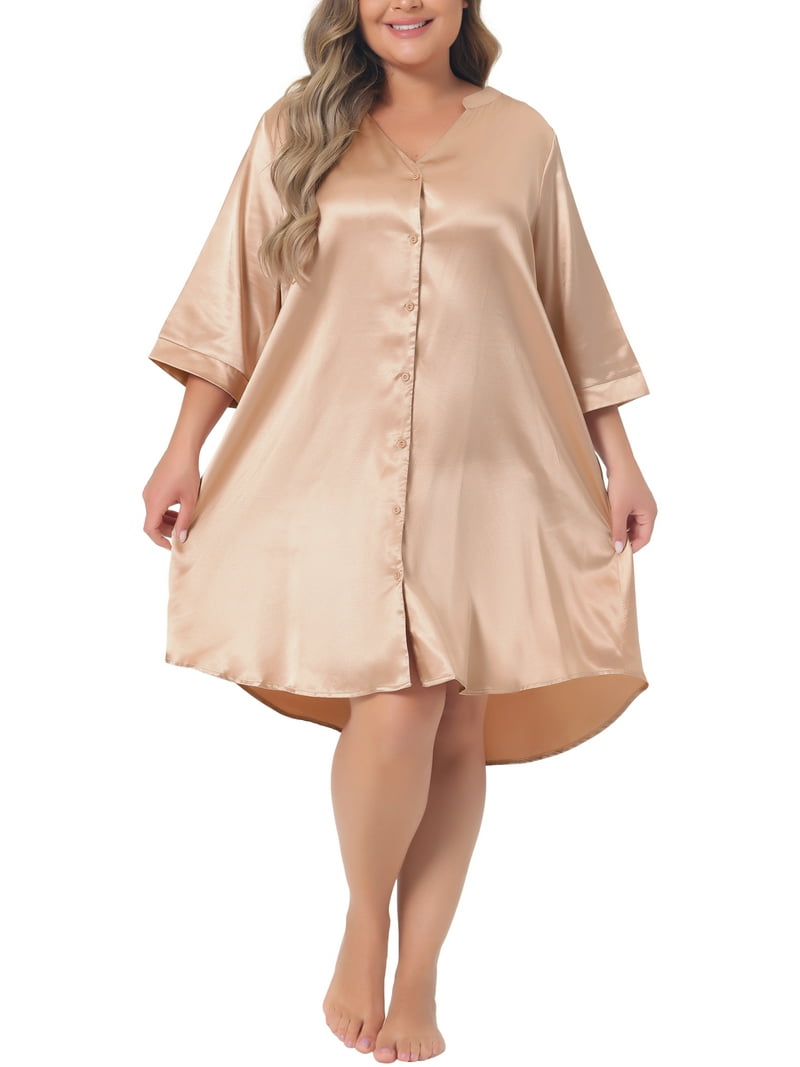 Agnes Orinda Women's Plus Size Nightshirt Satin Button Down 3/4 Sleeve  Nightgown with Pockets 4X Champagne