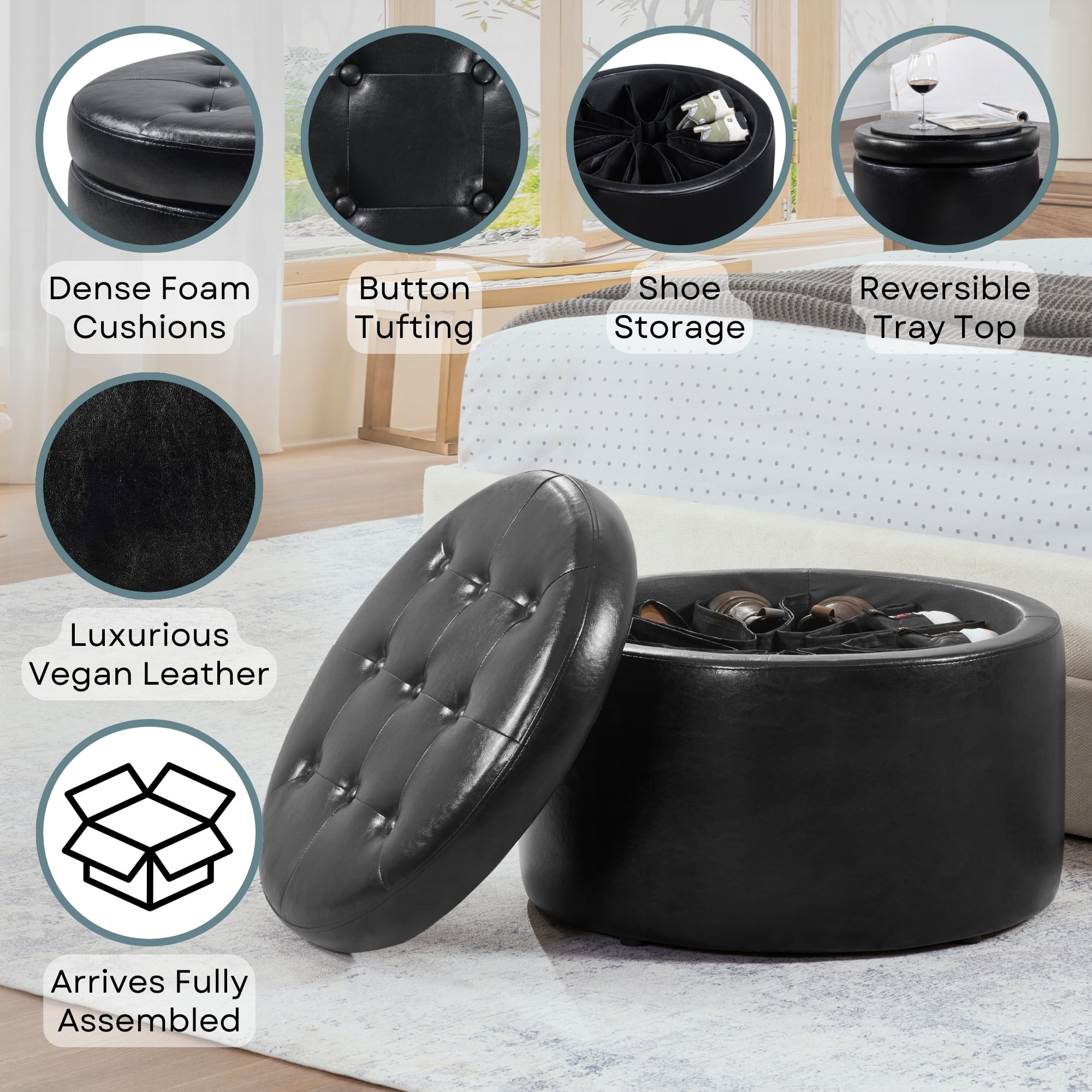 Convenience Concepts Designs4Comfort Round Shoe Storage Ottoman with Reversible Tray Table Lid, Black Vegan Leather