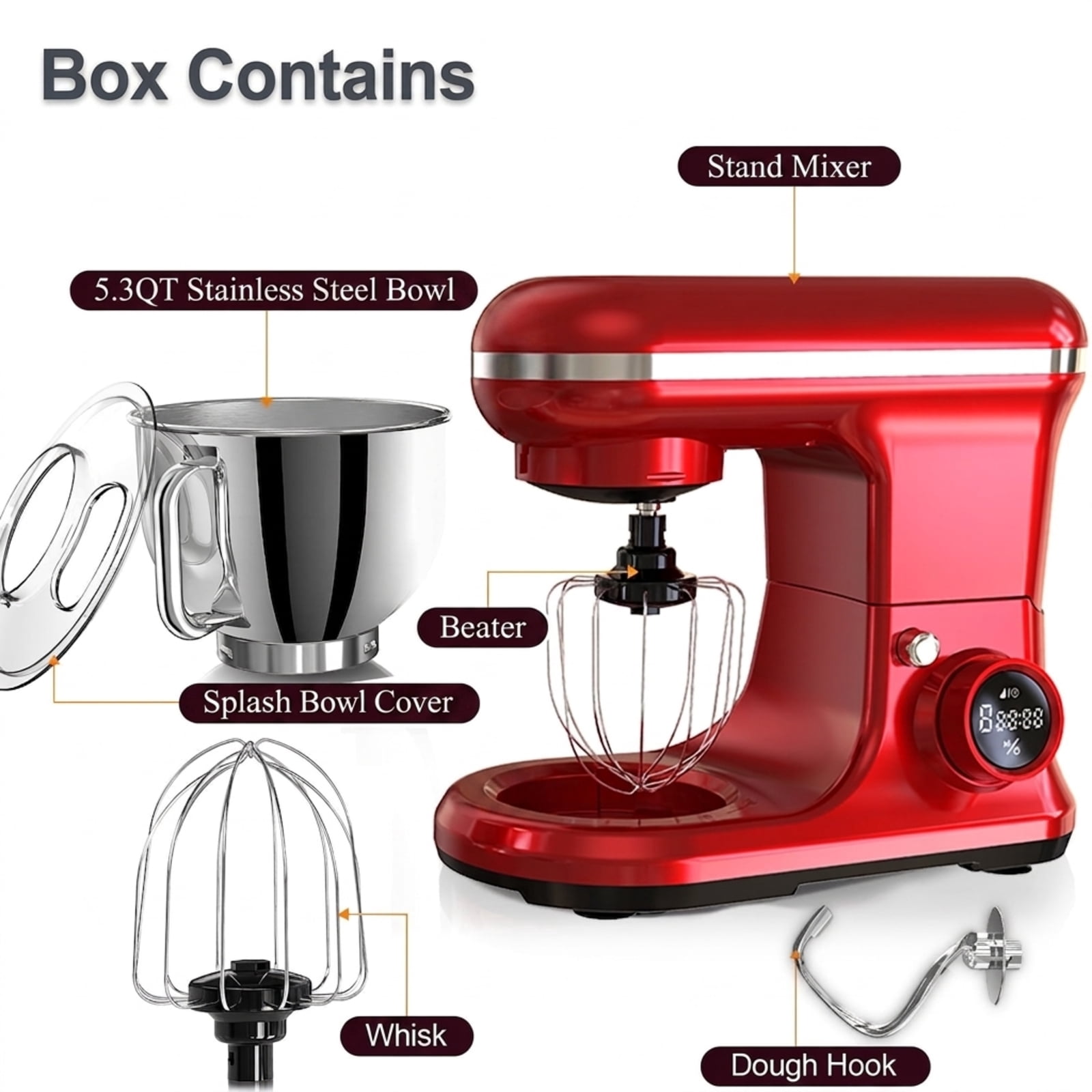 Fenbeli 5.3Qt Stand Mixer with LCD Timer Control, Powerful Electric Kitchen Mixer with Dough Hook, Wire Whisk and Flat Beater, Red