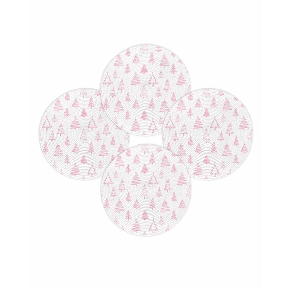 Christmas Round Placemats Set of 4 Christmas Trees Place Mats Washable Woven Placemat Snow Winter Pink White Circle Braided Table Mat for Kitchen Dining Table Party Home Decor 15 Inch