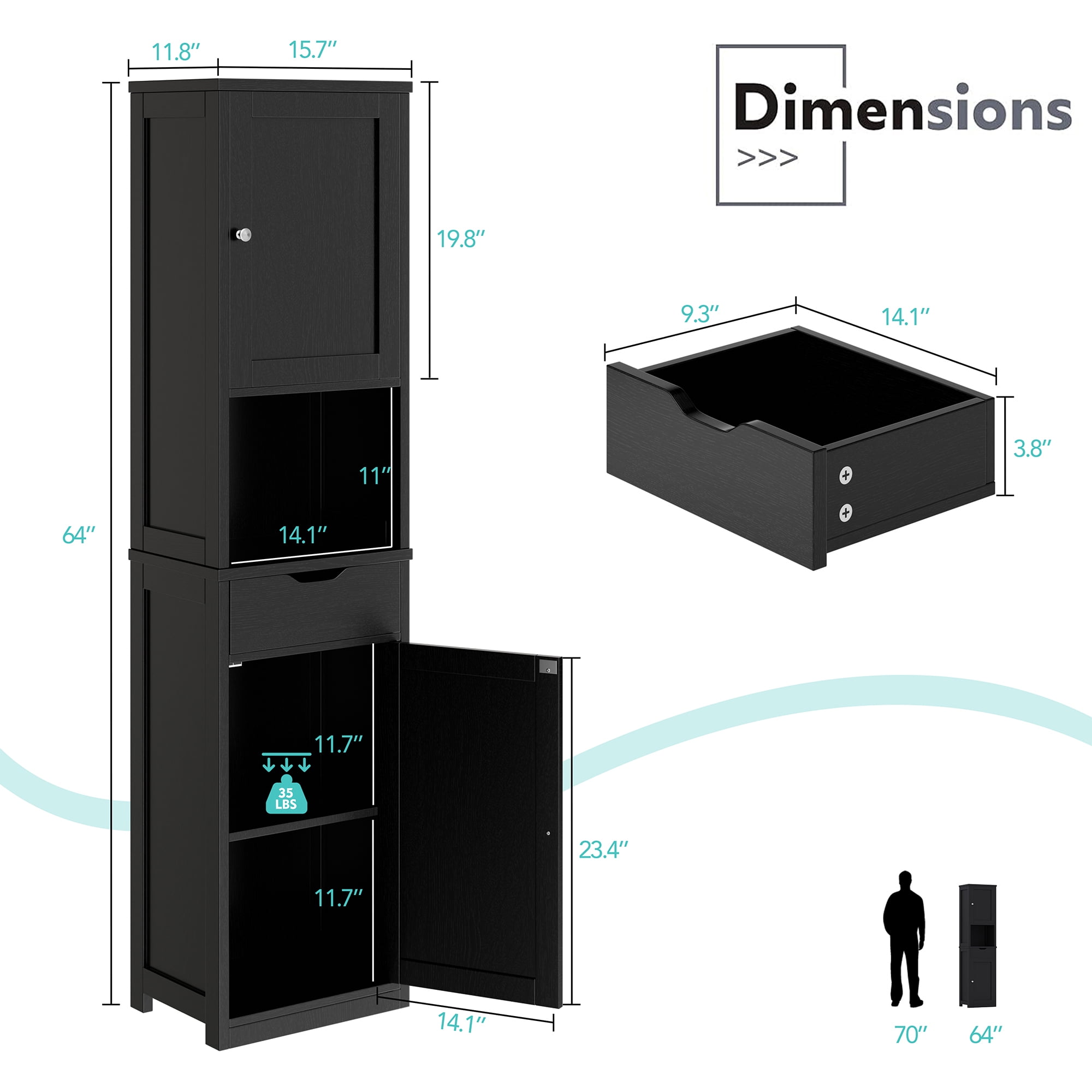 2PCS Bathroom Storage Cabinets 64" Tall Narrow Wooden Cabinets Set of 2 with Doors Shelves Drawer Black