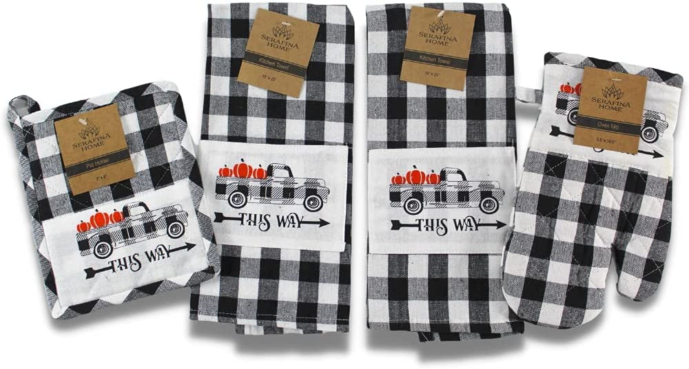 Farmhouse Fall Decor Kitchen Towels Black and White Check Dish Towel with Country Truck Hauling Harvest Pumpkins Patch Country Towels Only This Way to The Seasonal Fun!