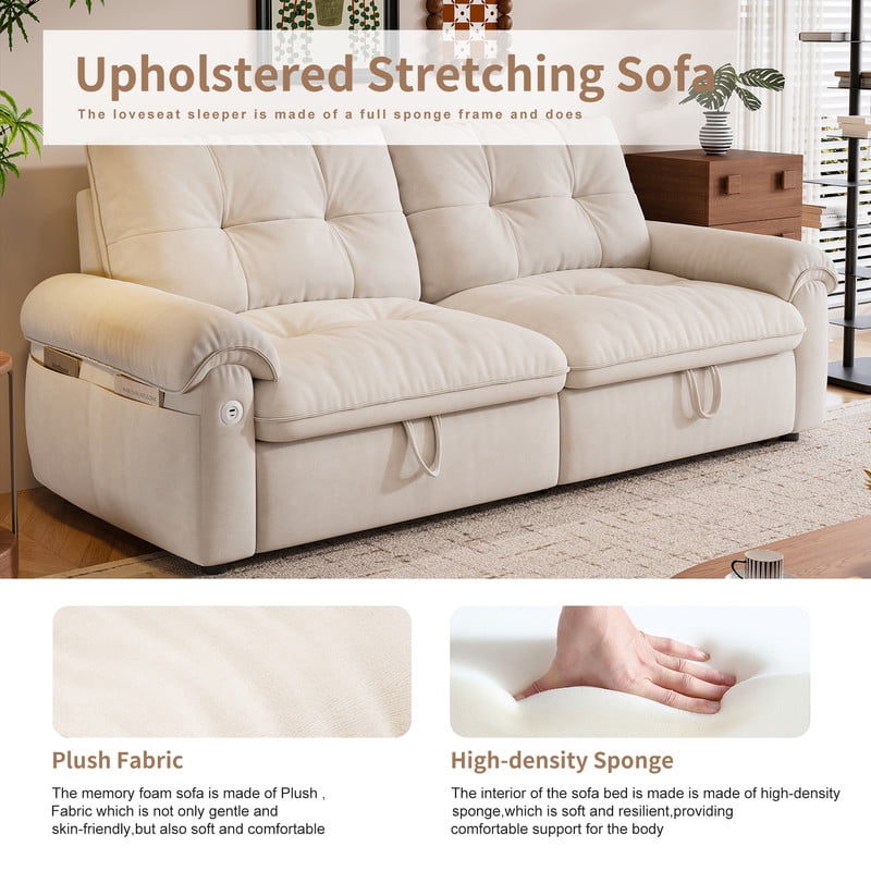 77.2" Convertible Sofa Bed, 2-in-1 Full Size Sleeper Sofa, Plush Upholstered Loveseat with USB Charging Ports & Side Pockets, Steel Frame Pull-Out Couch for Living Room, Bedroom, Apartment
