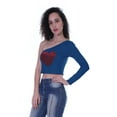 thumbnail image 3 of Moomaya Womens One Shoulder Full Sleeve Crop Top w/ Sequin Heart Motif Patch Party T-Shirt, 3 of 7