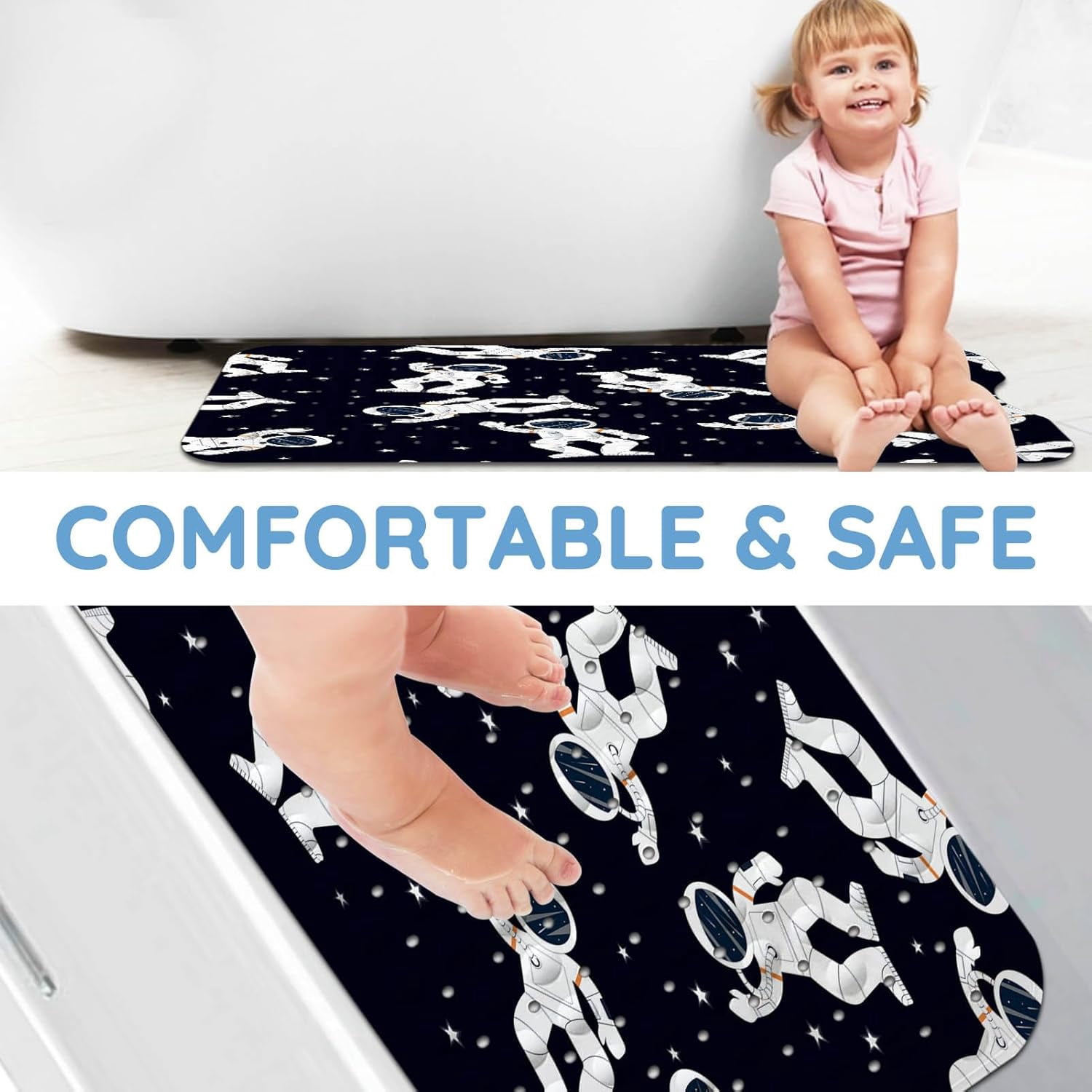 Bathtub Mats for Kids, Black Astronaut Bath Mat for Tub Non Slip, 40 X 16 Inch Large Washable Bathtub Mat Non Slip for Showers with Drain Holes and Suction Cups