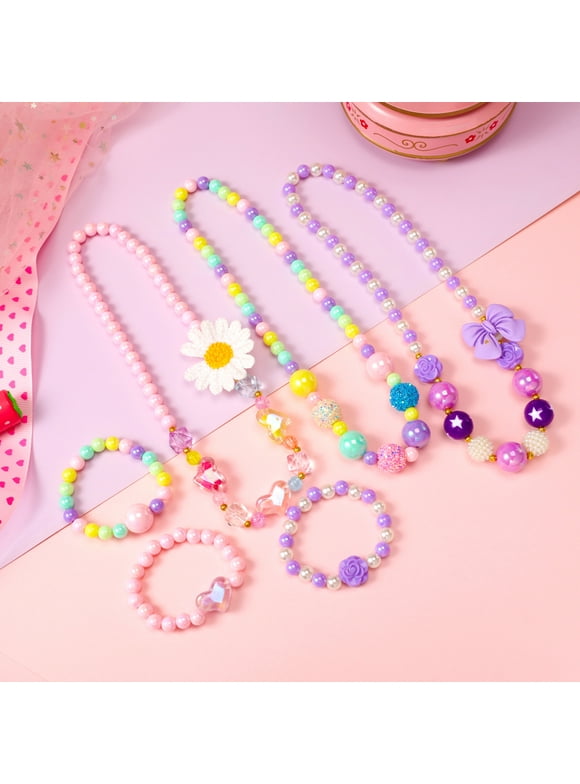 PinkSheep 6Pcs Kids Jewelry Set, Girls Flower Heart Beaded Necklace Bracelet Dress up Jewelries for Child