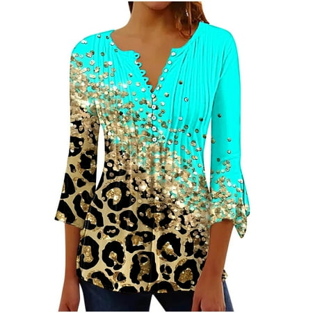 

WXLWZYWL Womens Summer Saving Clearance Tops 2023 Casual Trumpet 3/4 Sleeve Printed Buttoned Basic Ruched Corset Tunic Tops Pleated T-Shirts Blouses Mint Green