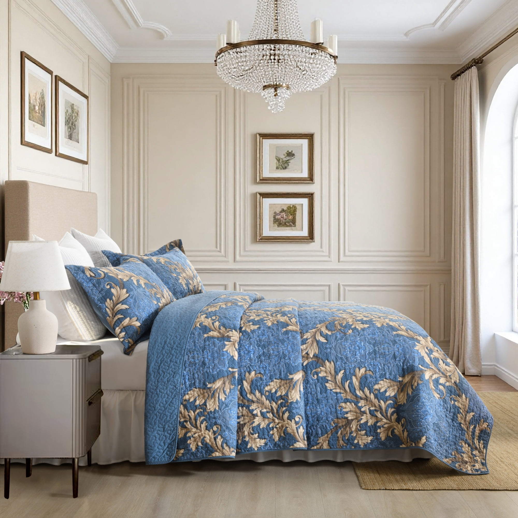 BCOTTOND Floral Quilt Set King Size - Reversible Dimensional Botanical Bedspread - 100% Cotton Pre-Washed Luxury Coverlet with 2 Pillow Shams(Bule/Brown)