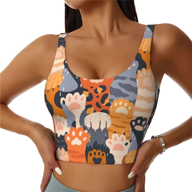 Fotbe Cute Cat Paw Sujetador Deportivo Largo sin Aros para Mujer con Almohadillas y Soporte Medio, Transpirable y Absorbente, Camiseta Tipo Chaleco o Tank Top-Small