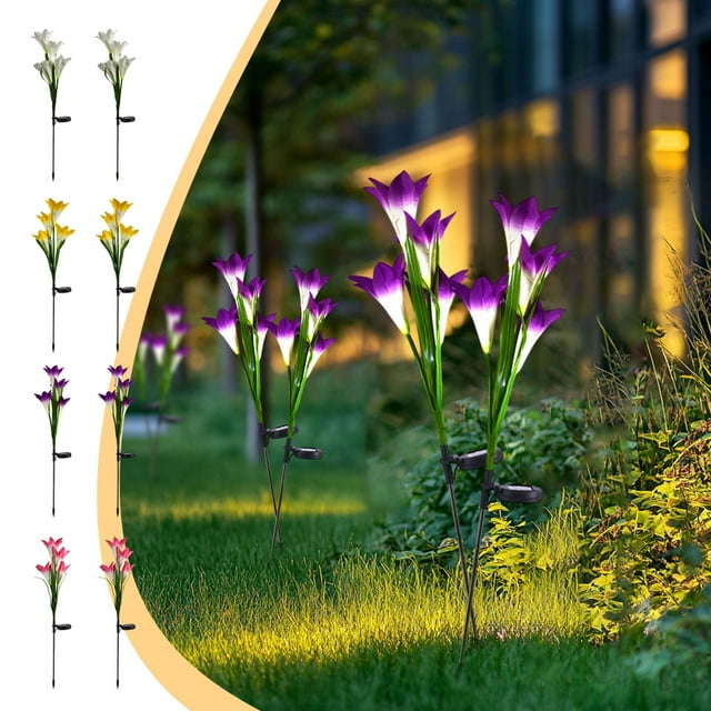 Luces de suelo de flor de lirio solar, paquete de 2 lámparas decorativas de jardín al aire libre, luces de estaca LED impermeables de 27.56 ", decoración de patio multicolor con energía solar