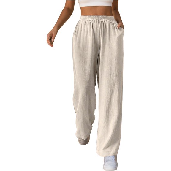 Gbsyewxs Womens Pants Elastic Waist Solid Color Straight Leg Pull On Casual Pants For Women Beige
