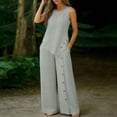 thumbnail image 5 of Zynoxe Womens Two Piece Linen Sets Elegant Button Tank Top Wide Leg Pants Plus Size Outfits Summer Business Casual Outfits with PocketsGrayS, 5 of 7