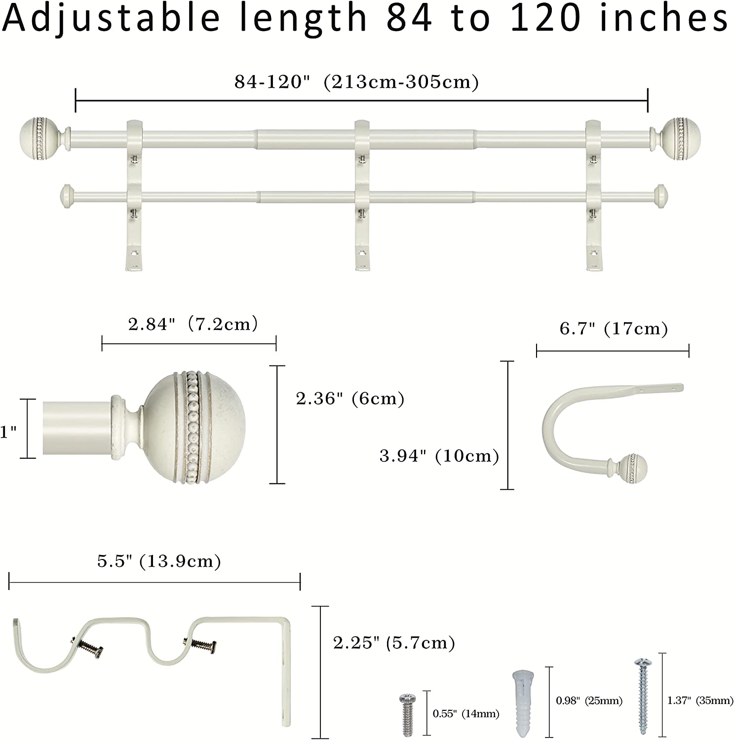 eTeckram 1" Double Curtain Rod with Sable Finials and holdbacks (84" to 120", Weathered white)