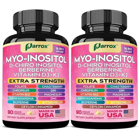 Parrox Myo-Inositol Supplement, Berberine, D-Chiro Inositol, Folate, Chromium, Vitamin D3, K2 & B12, DIM, Chasteberry, Ashwagandha, Ceylon Cinnamon, Zinc, Magnesium, Bioperine, Bitter Melon (2 Pack)