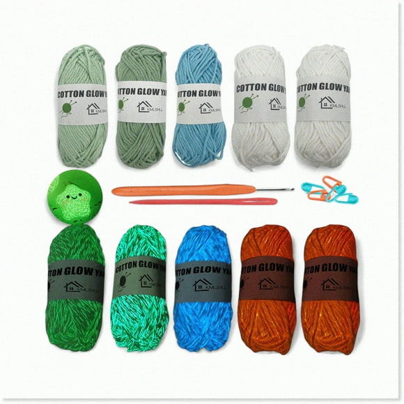Glowing Threads Kit: 5 Rolls of Luminous Yarn, Cotton Glow Yarn for Crochet & Knitting with 5 Locking Markers, 1 Crochet Hook, 1 Sewing Needle