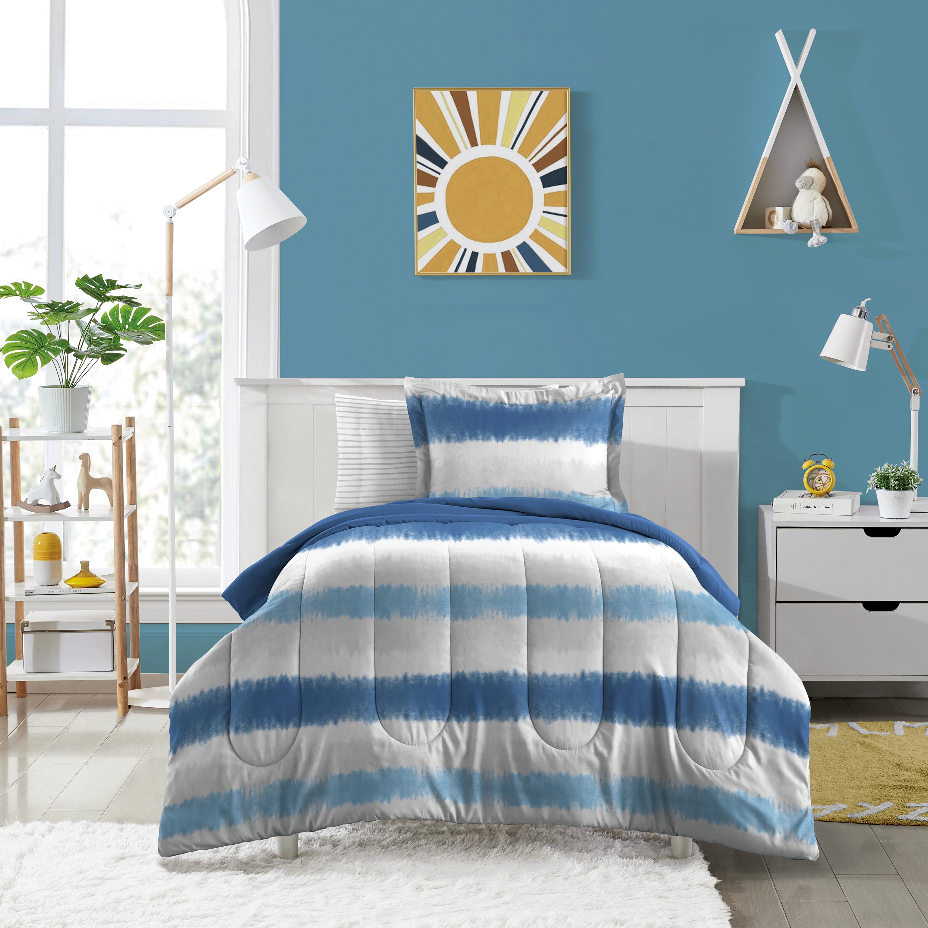 Dream Factory Tie Dye Stripe Twin 5 Piece Comforter Set, Polyester, Microfiber, Blue, Child, Unisex