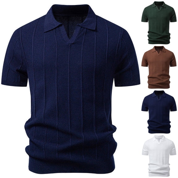 Mens Old Money Knit Shirts Textured Short Sleeve V Neck Polo Sweater Casual Collared Pullover Stretch Shirt Summer Size S-2XL White