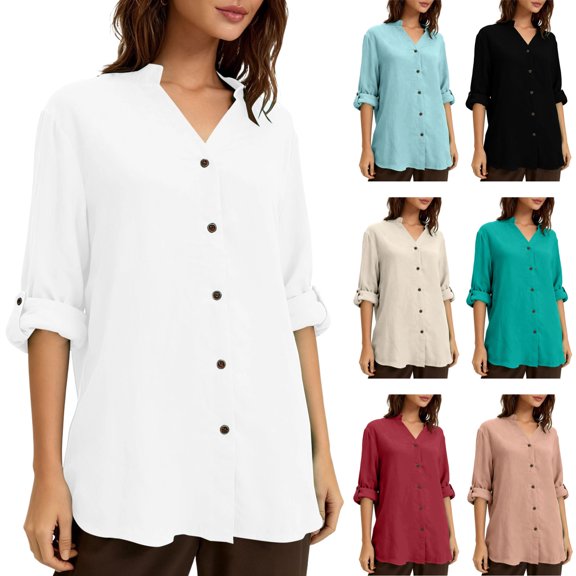 YgkuHd Women's V-Neck Button-Front Shirt with Pocket Cotton Linen Long Sleeve Summer Casual Solid Top