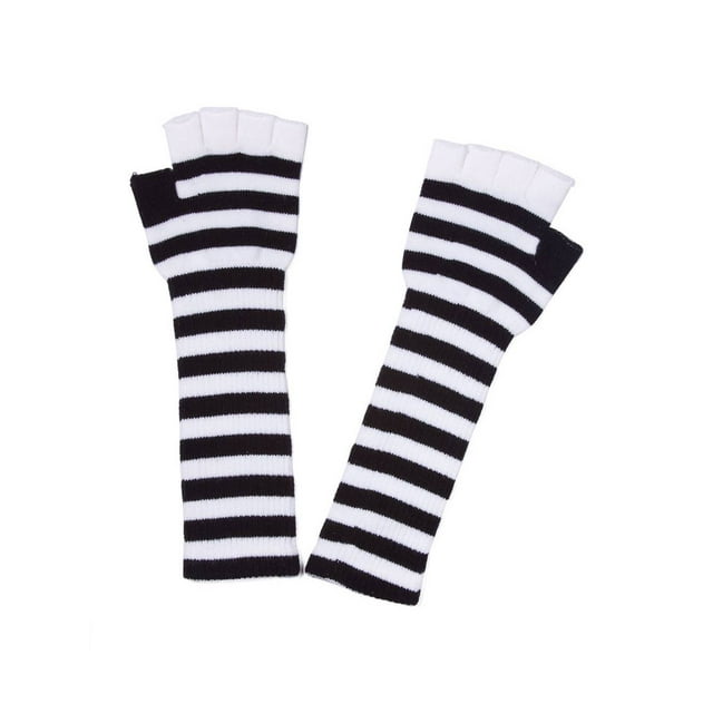 Gravity Threads Gants Longs 11 Pouces Chauffe-Bras Tricotés Sans Doigts Rayés, Blanc/noir